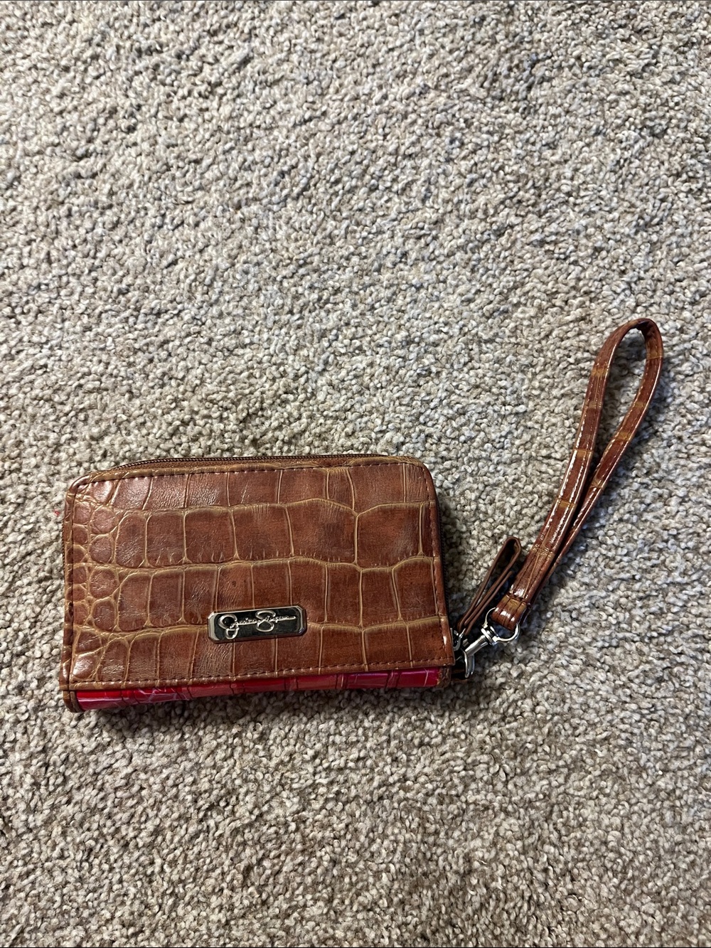 Jessica Simpson Brown Croc-Texture Wristlet Wallet with Red Accent